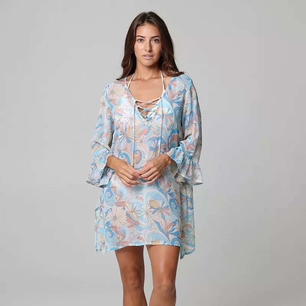 J. Valdi Ruffle Sleeve Lace up Swim Cover-up Tunic Size Large